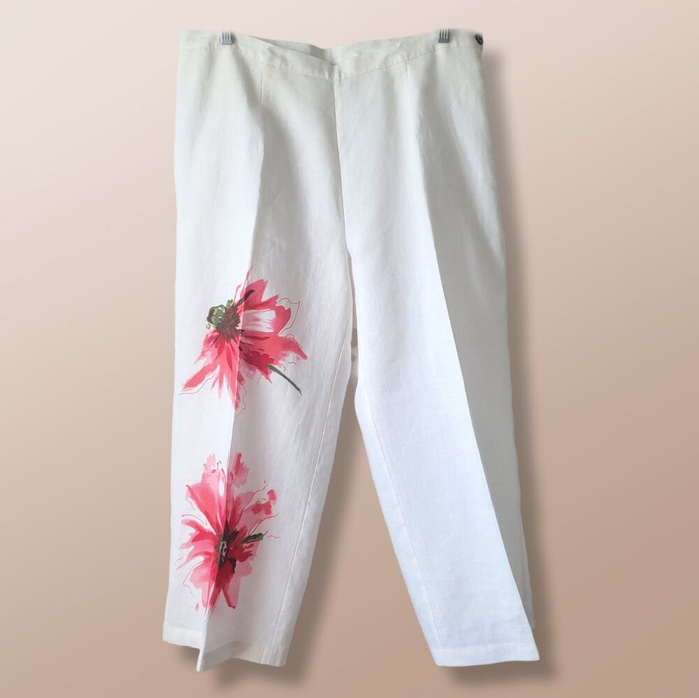 Vtg 90s Silkland Women Crop Pants 12 Ivory Flower Statement Career Cocktail